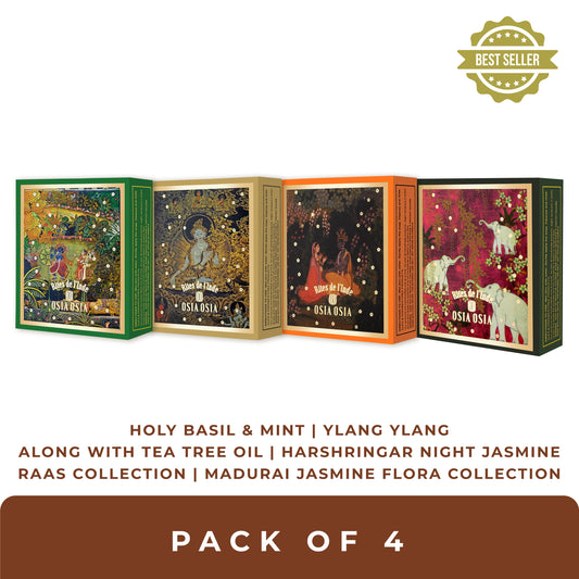 Holy Basil & Mint, Ylang Ylang with Tea Tree, Harshringar with Night Jasmine & Madurai Jasmine Pack of 4 Ayurvedic Soaps